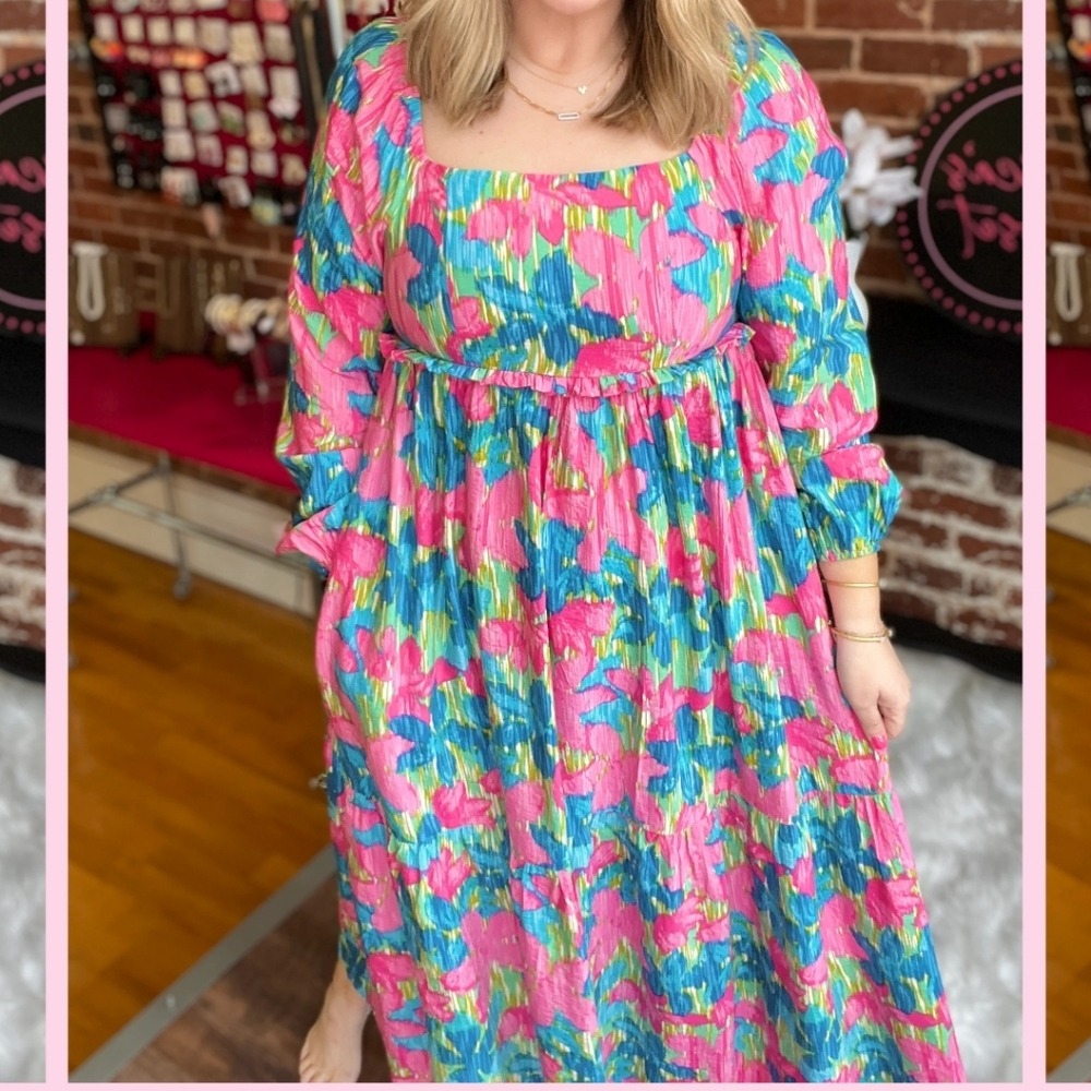 Blue Floral Square Neck Midi Dress